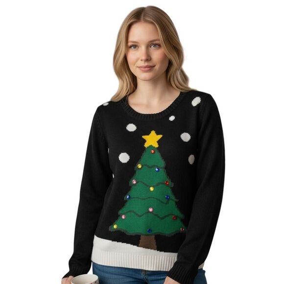 Carolyn Taylor Sweater Womens Medium Black Christmas Tree Ugly Holiday Crewneck - Picture 1 of 10